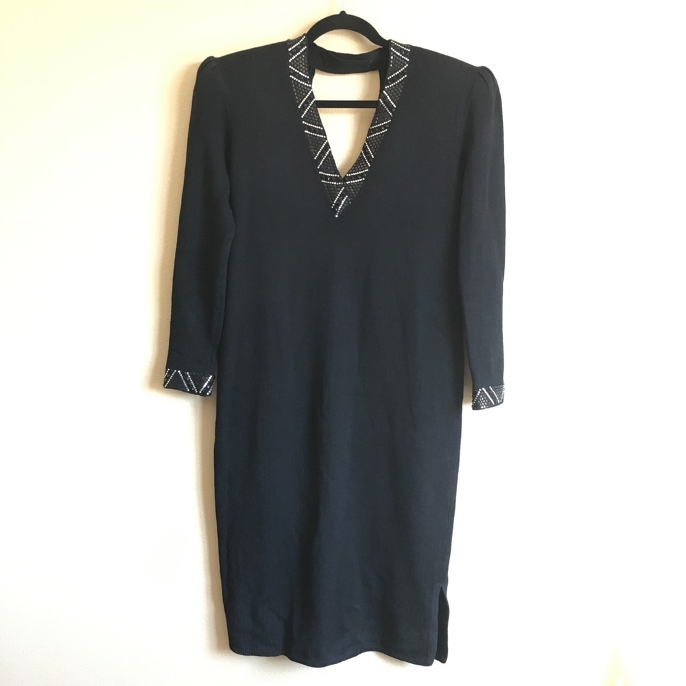 St John Vintage 70s Black Beaded Knit Dress 8